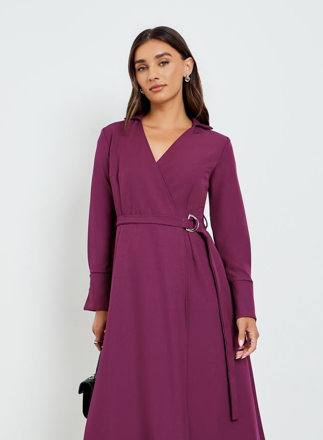 Women Purple Long Sleeves Wrap Midi Dress